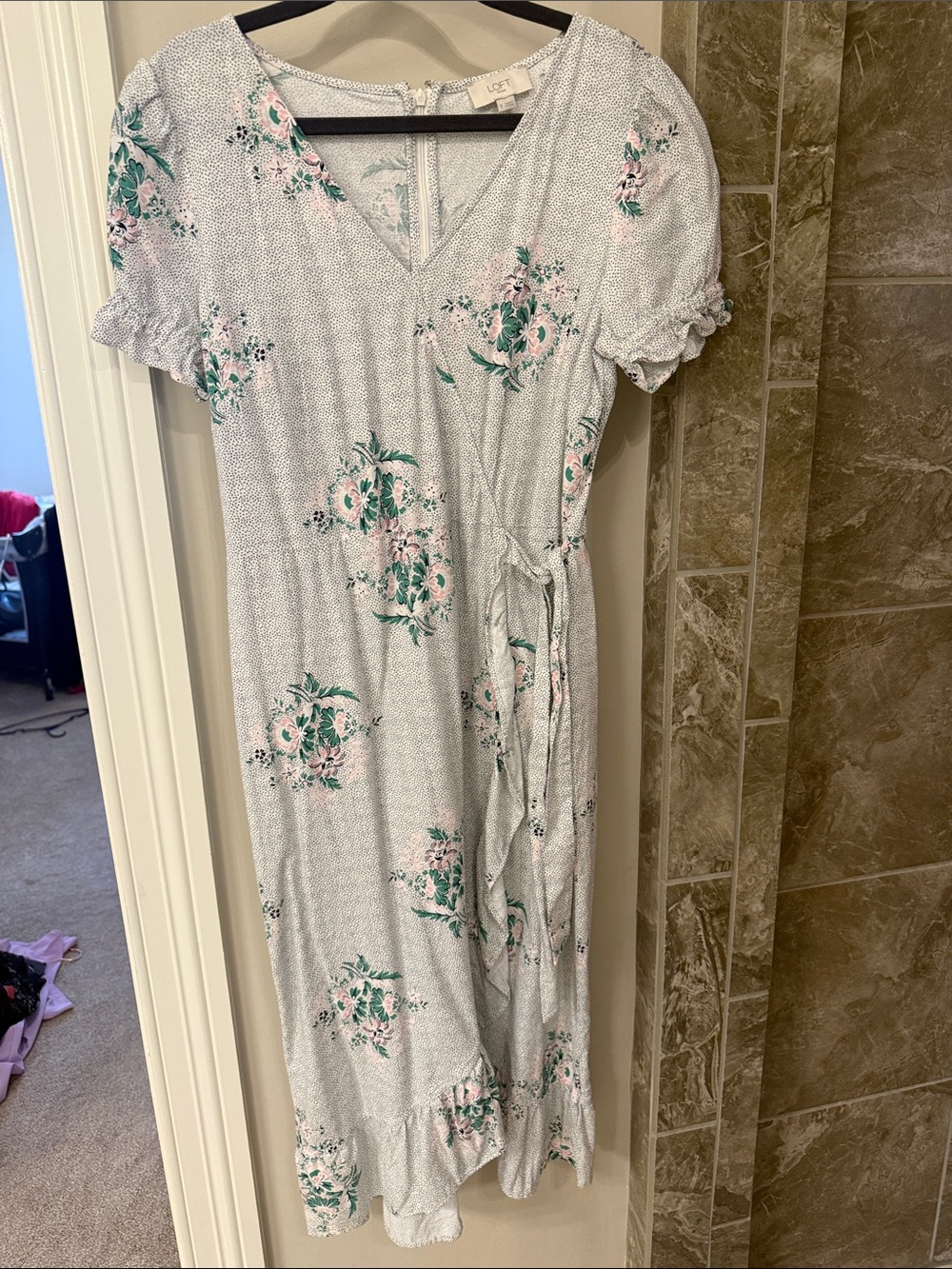 LOFT Light Blue Floral Wrap Midi Dress with Green Accents